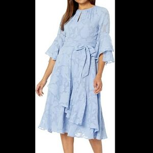 Tahari Arthur S. Levine Light Blue Floral Textured Pattern Dress With Ruffle Hem
